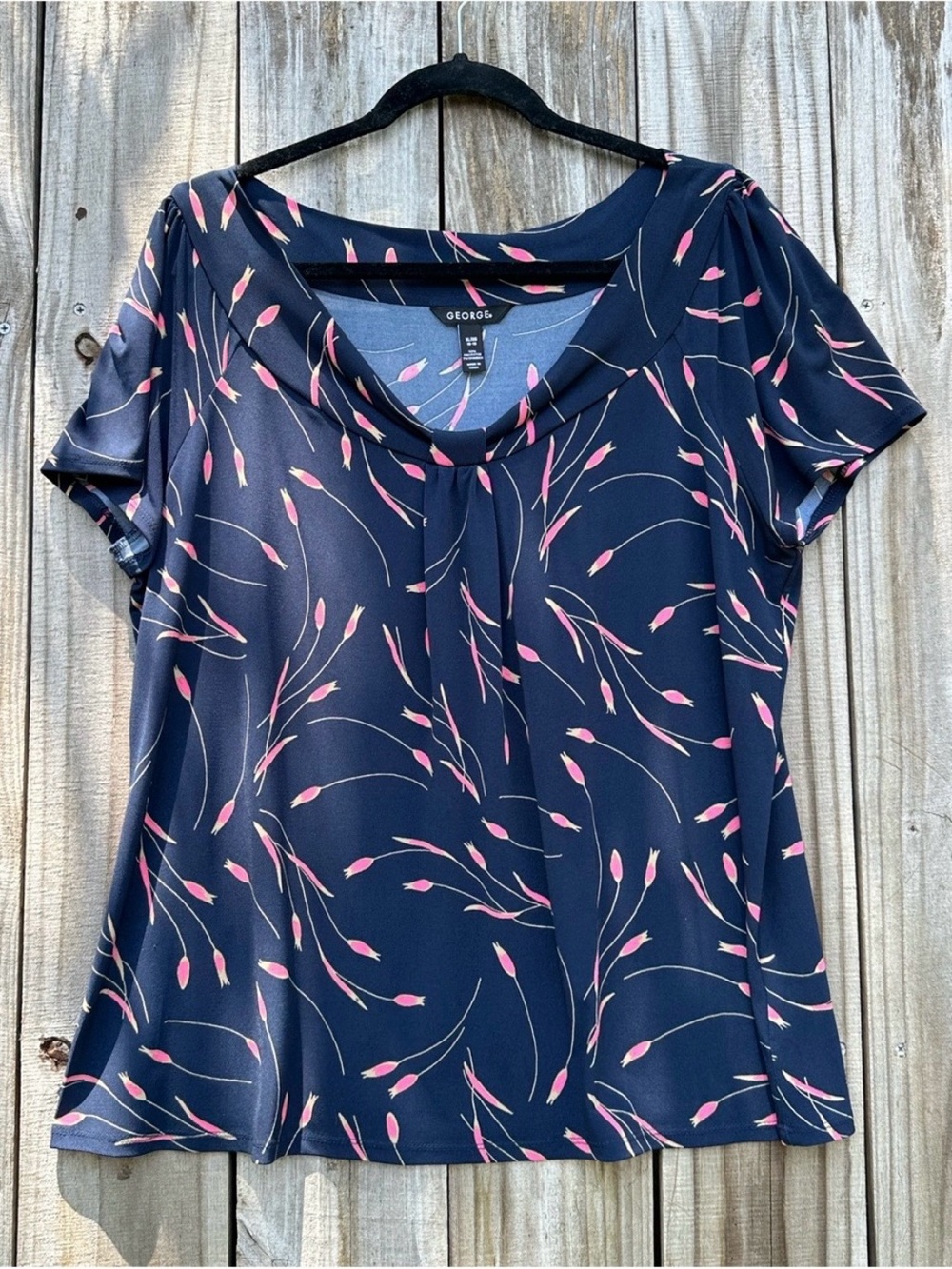 Vintage Short-Sleeve Floral-Print Top Navy Pink Women’s Size XL 16-18